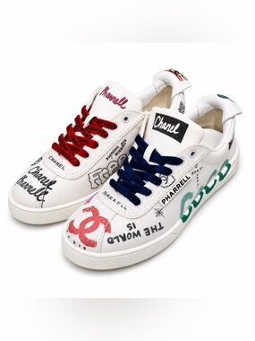 🚩steal CHANEL White Graffiti Sneakers with Red, Navy & Green Accents